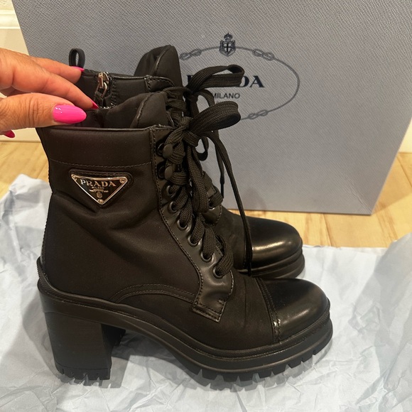 Prada Women's Calzature Donna Re Nylon Combat Black Lace-Up Ankle Boots Size 35 - Picture 8 of 10